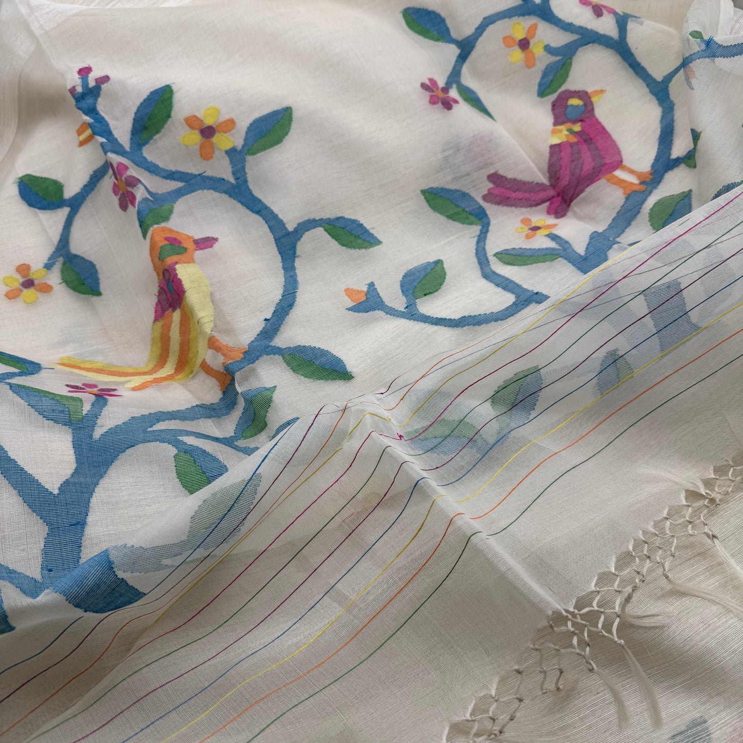 Pakhi: White Jamdani Saree with Multicolored Embroidery