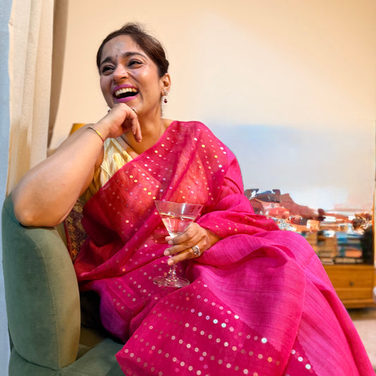 Gulnaar: Pink Matka Silk with Sequins Saree