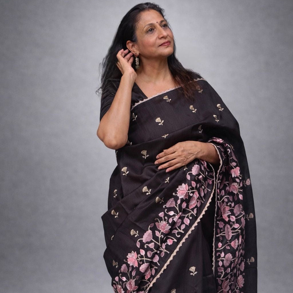 Ketaki: Black Semi-tussar Embroidered Saree