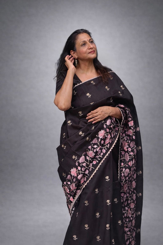 Ketaki: Black Semi-tussar Embroidered Saree
