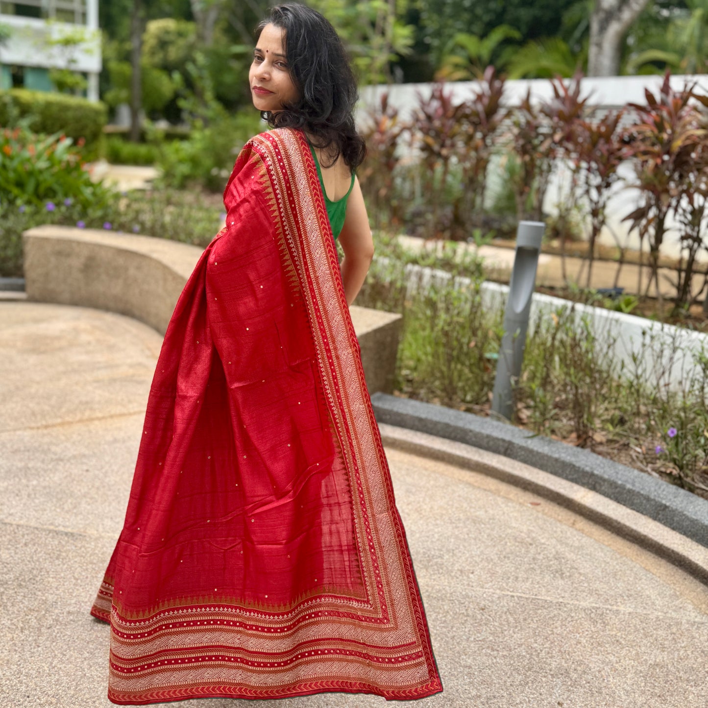 Prerna: Red Embroidered Handwoven Tussar Silk Saree