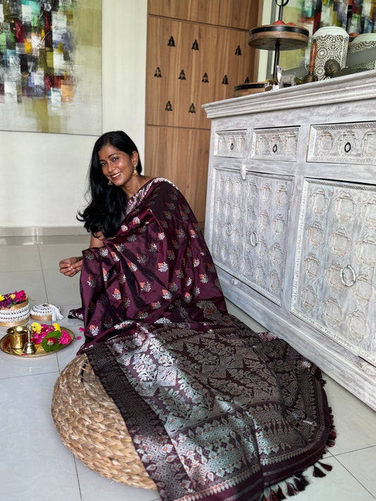 Maroon Paat-Silk Saree with Silver Zari