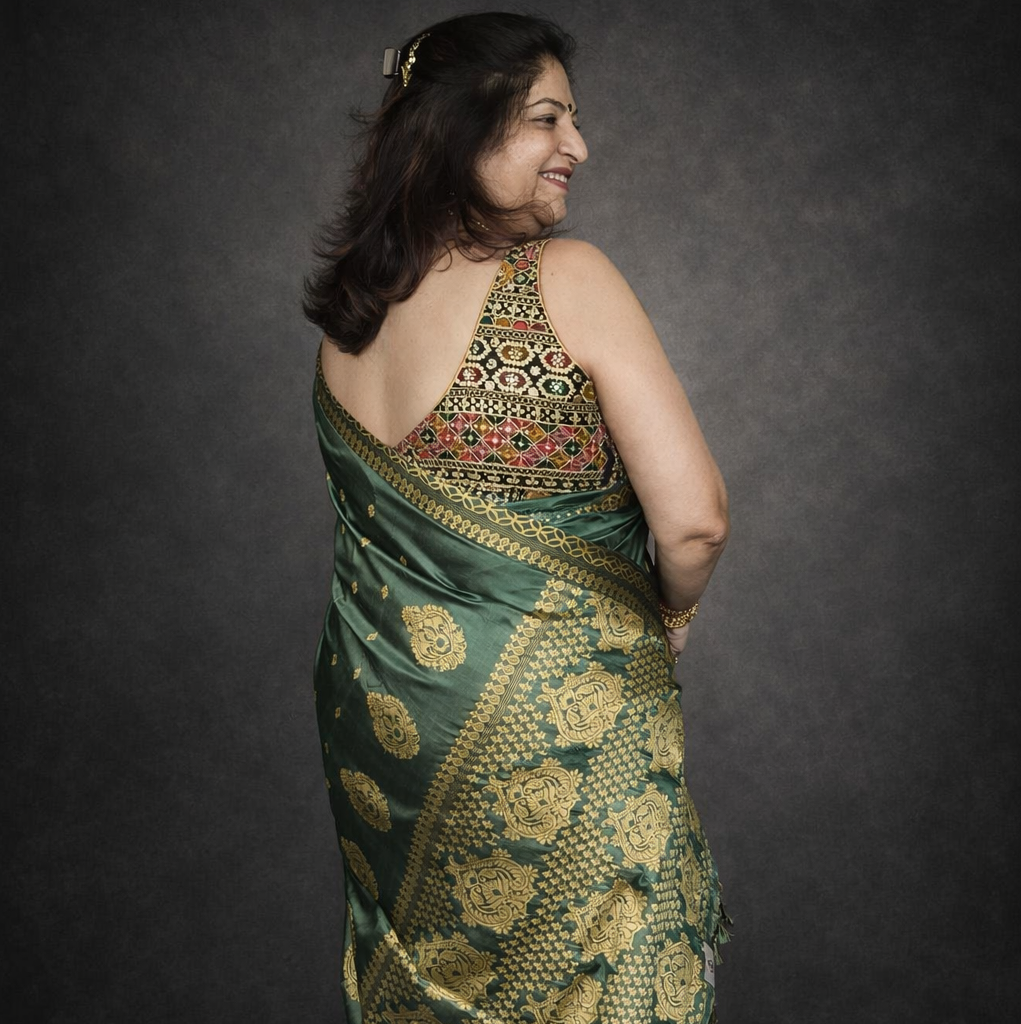 Rupohi: Green Paat Silk with Yellow Woven Motifs