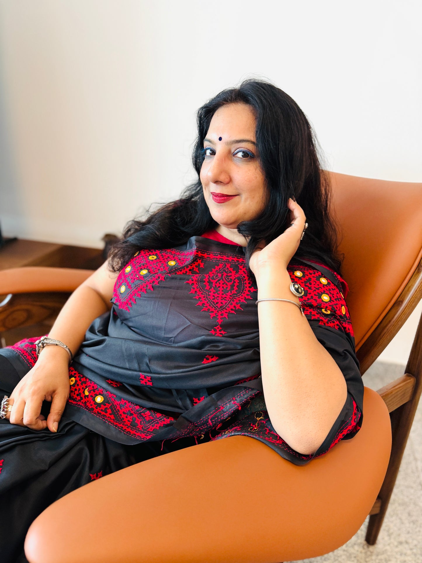 Geetanjali: Black Semi-Silk Saree with Red Kuchchi embroidery