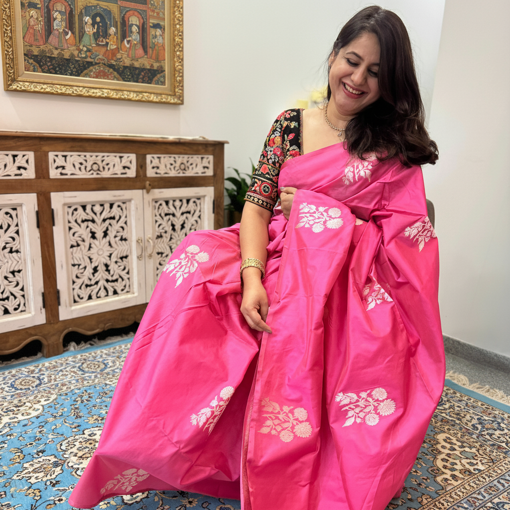 Anshu: Pink Borderless Banarasi Silk Saree