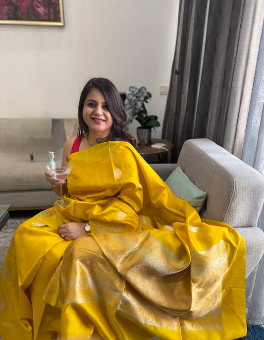 Svarna: Yellow Handwoven Banarasi Katan Silk Saree