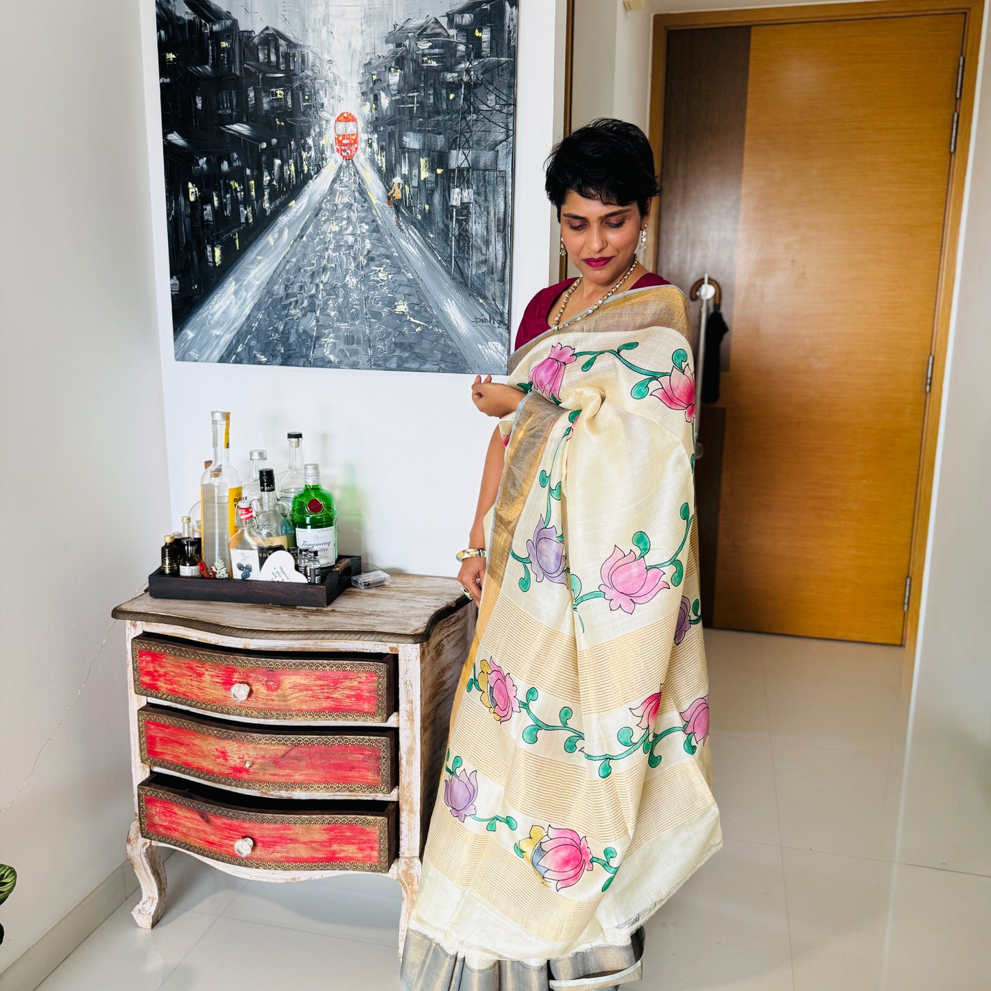 Ivorine: Cream Kalamkari Block Print Tussar Silk Saree