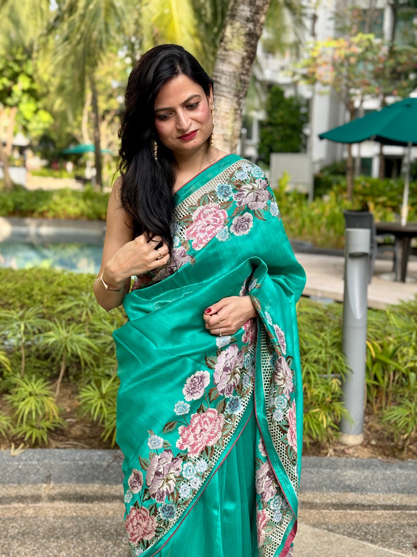 Aira: Green Embroidered Semi-silk Saree