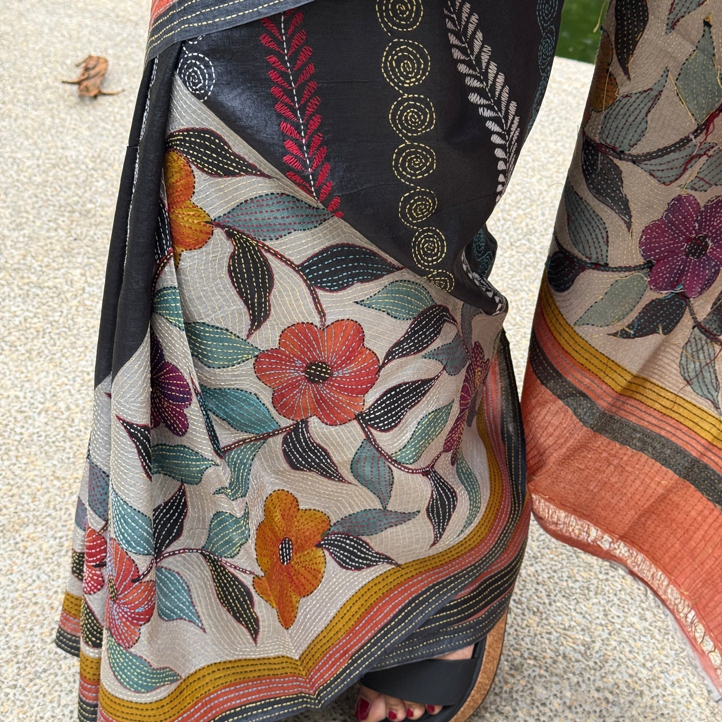 Neharika: Rust and Black block print Kantha Tussar Silk Saree