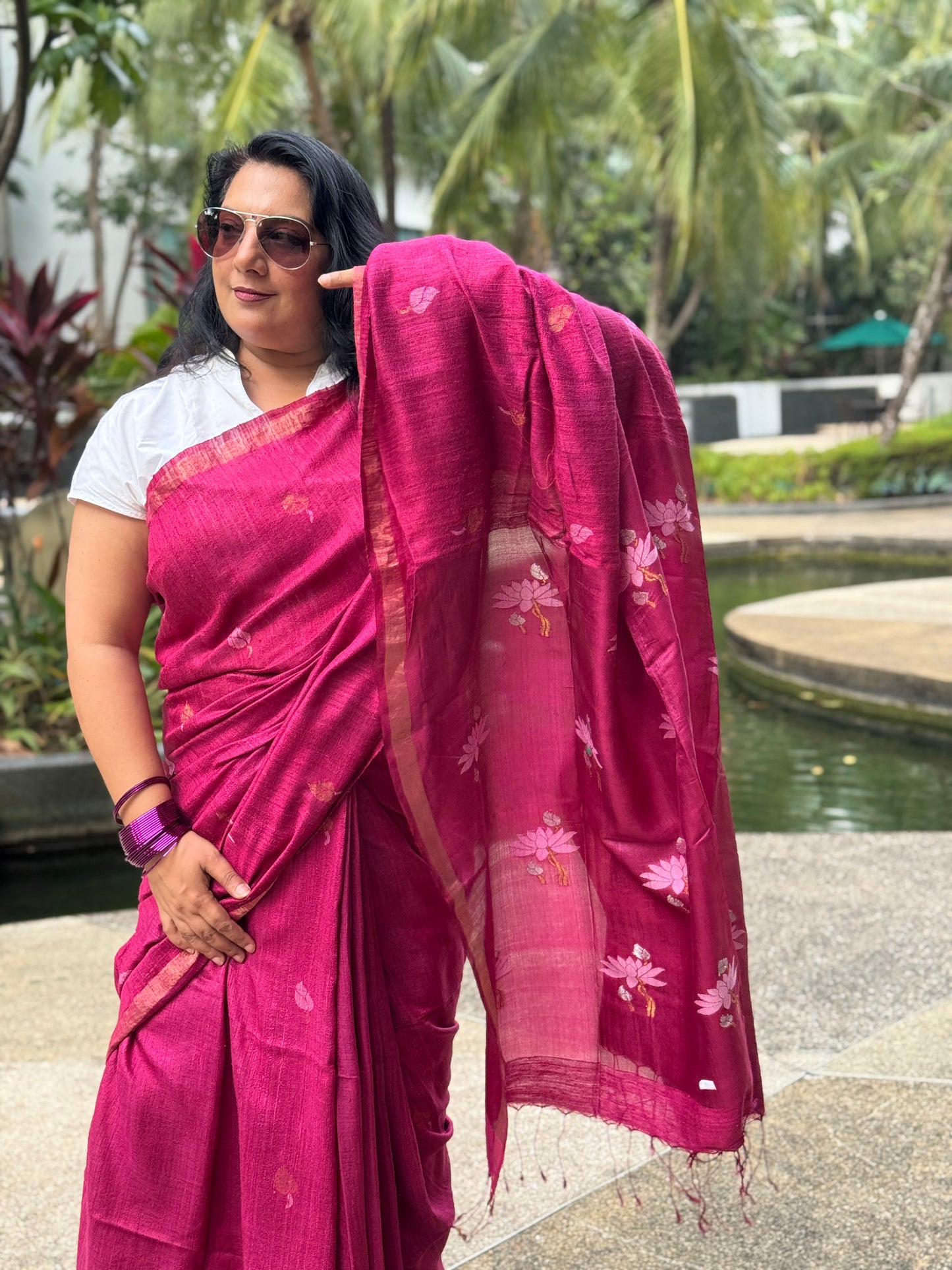 Avni: Pink Handwoven Tussar Silk Saree