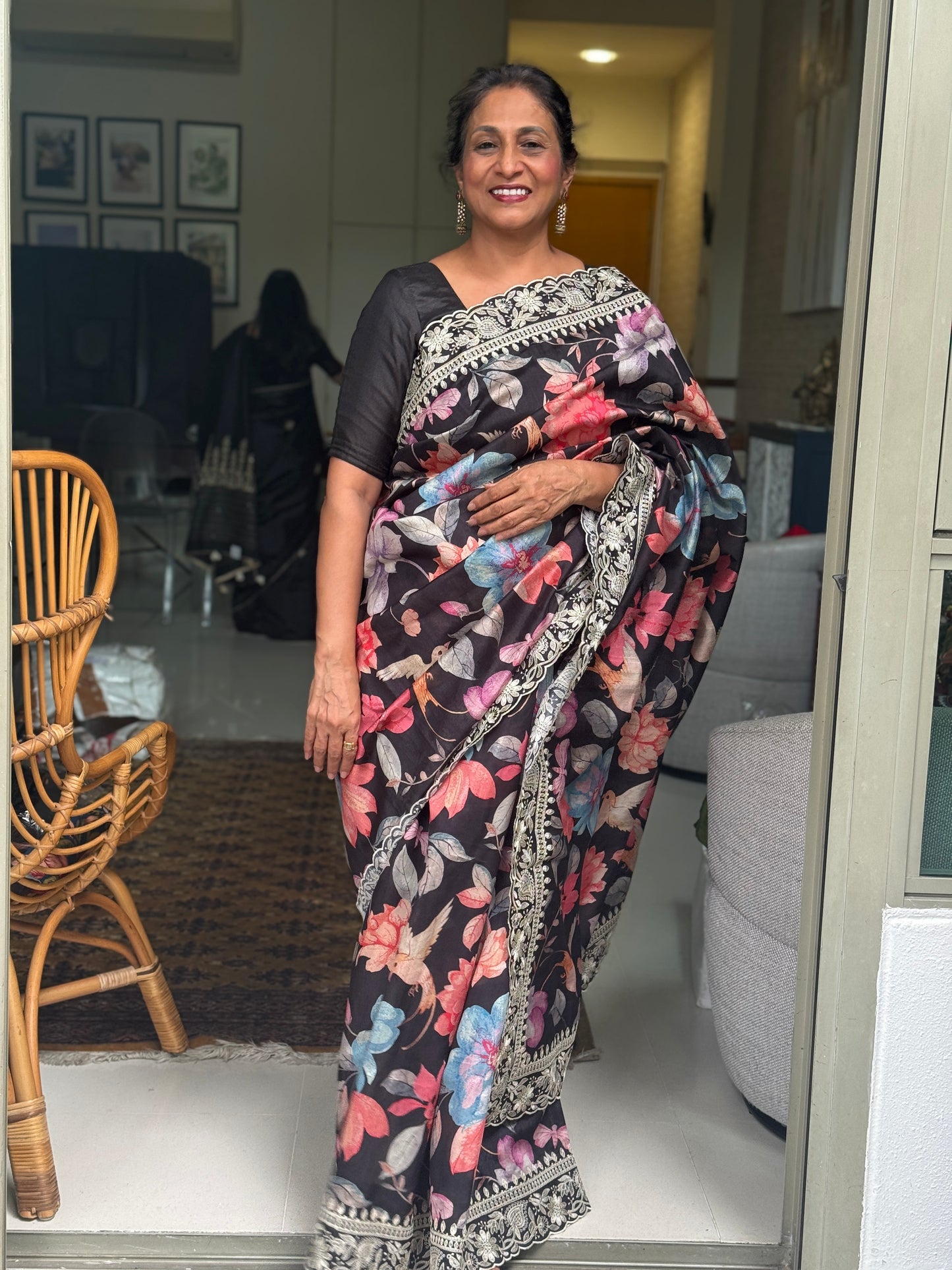 Nishika: Black Floral Blended Silk Saree