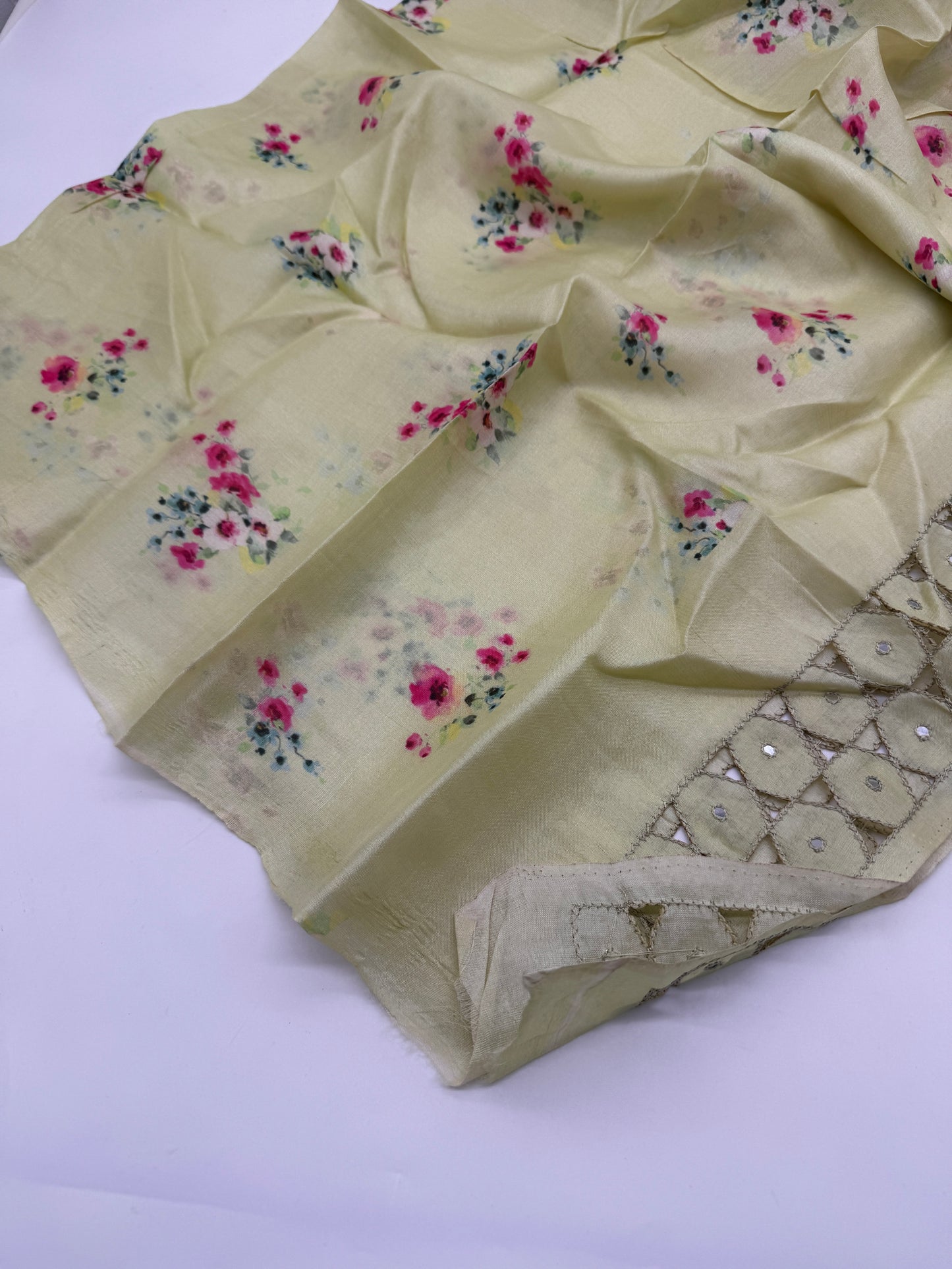 Parijat: Lime Green Floral Silk Saree