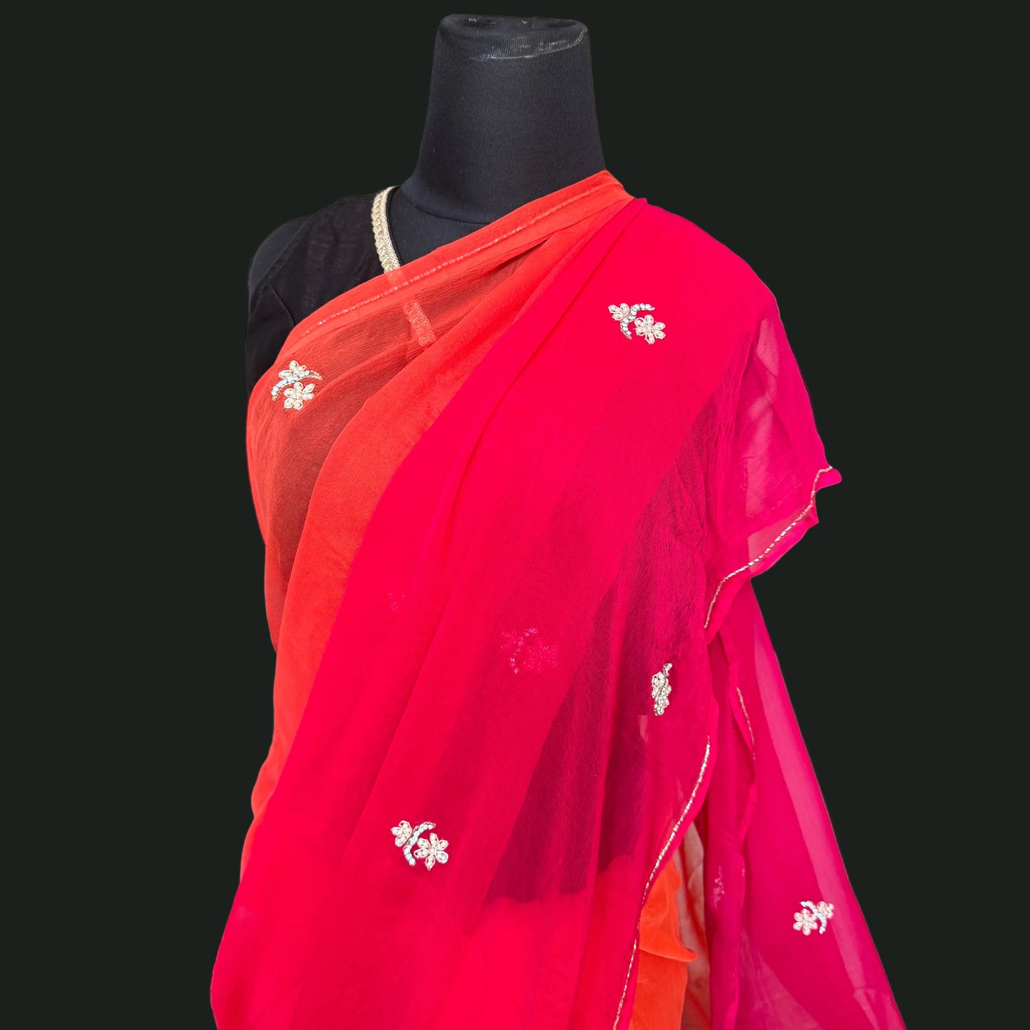 Pankhuri: Pink & Orange Ombré Chiffon Saree with Sequins