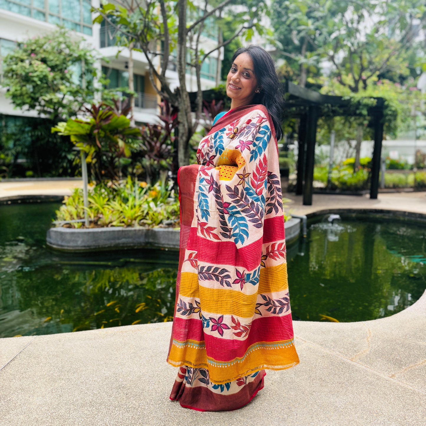 Ruchismita: Yellow Block Print Kantha Tussar Silk Saree