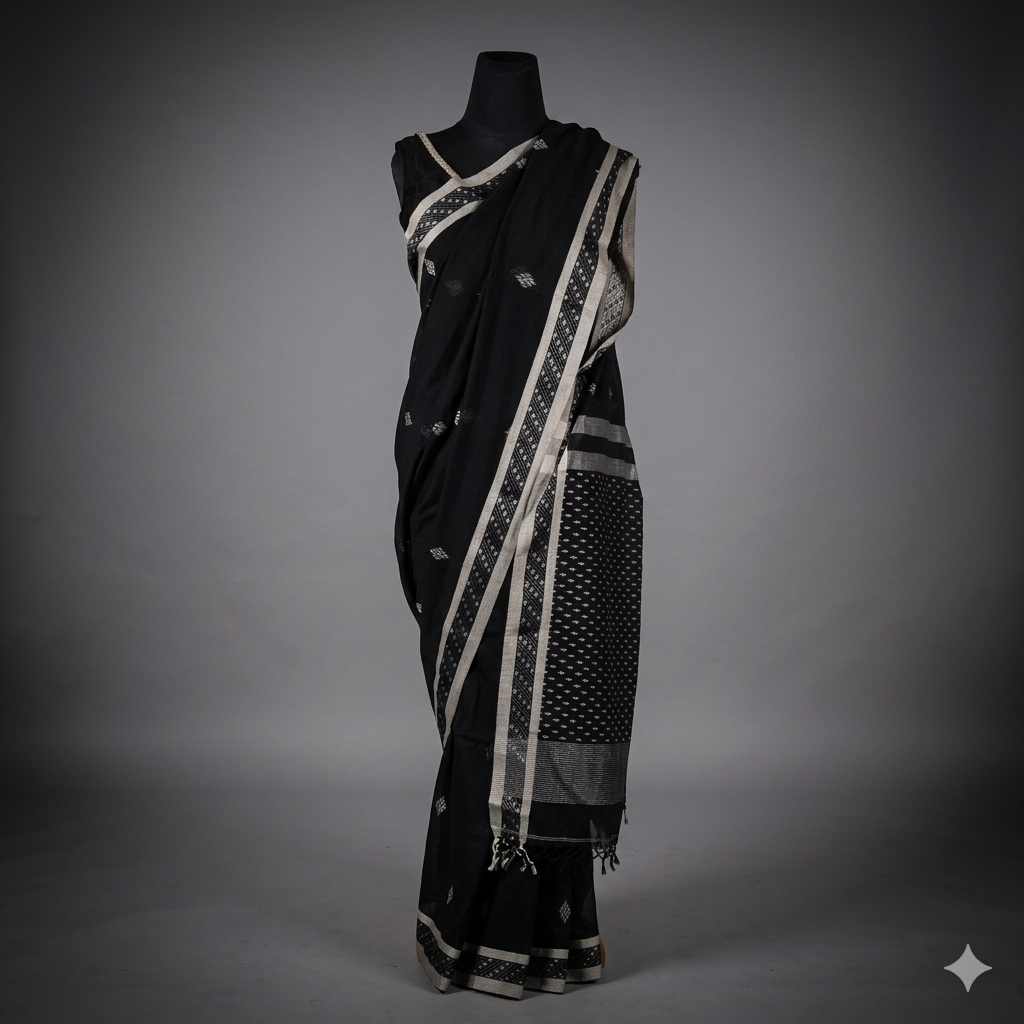 Meghla: Black Handloom Assam Cotton Saree