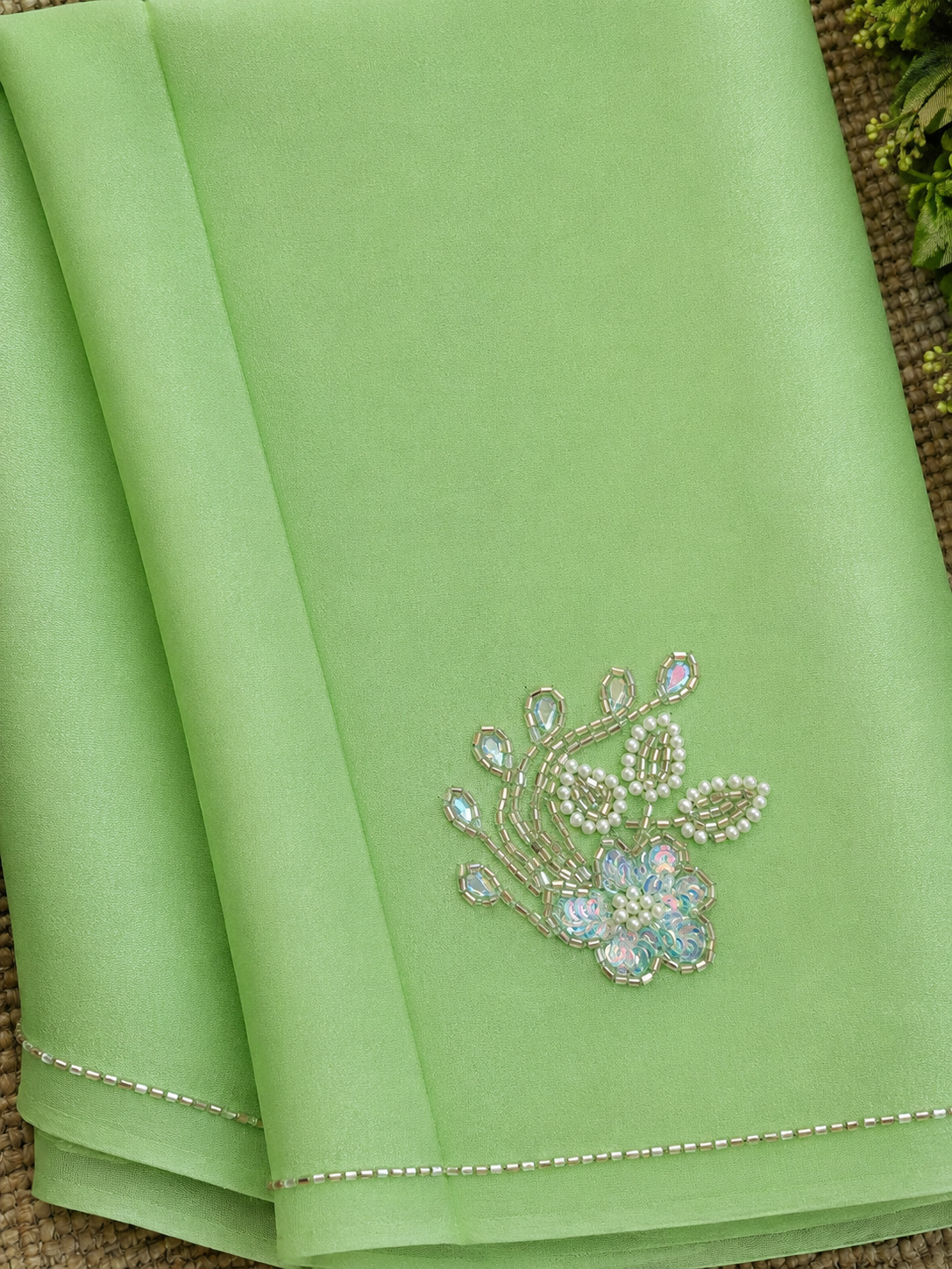 Vasudha: Green Chiffon Saree with Embroidery
