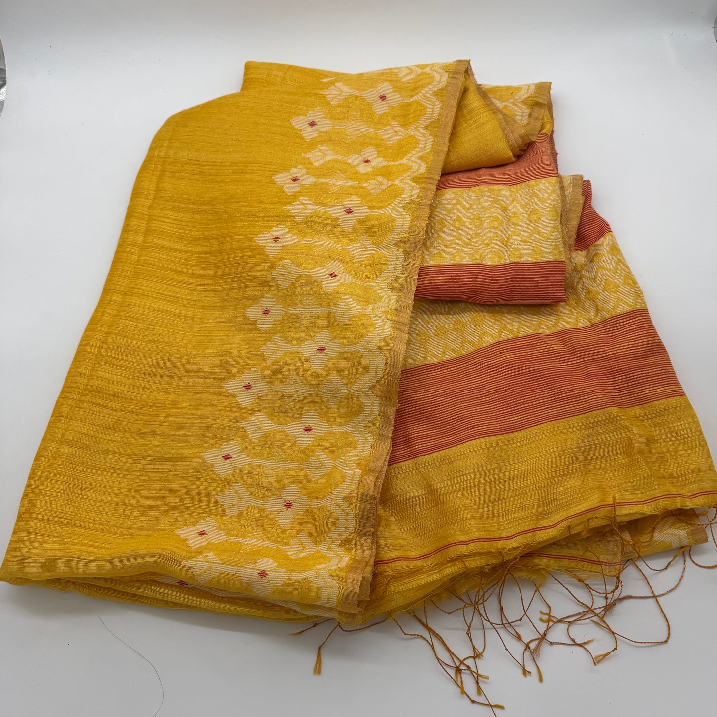 Alaka: Yellow Handwoven Matka Silk Jamdani Saree