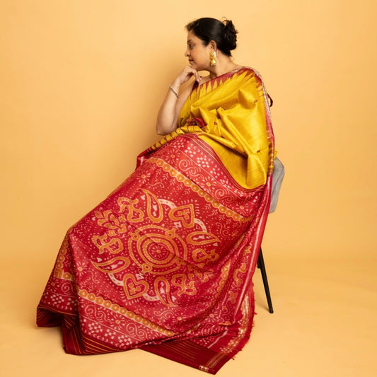 Aruni: Yellow Sambalpuri Ikkat  Tussar Silk Saree