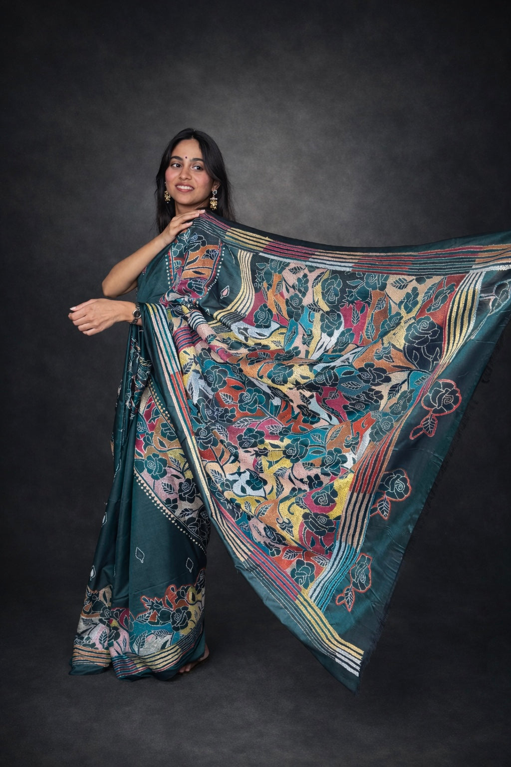 Emerald Garden: Green Kantha Embroidered Semi-Silk Saree