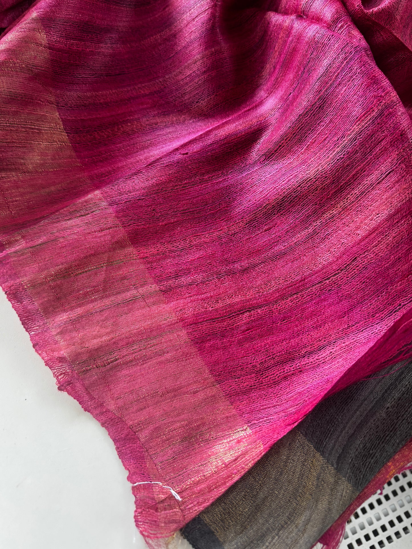 Crimson Pause: Charcoal Grey Ghicha Silk Saree