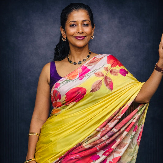 Wild Rose: Yellow Floral Satin Saree