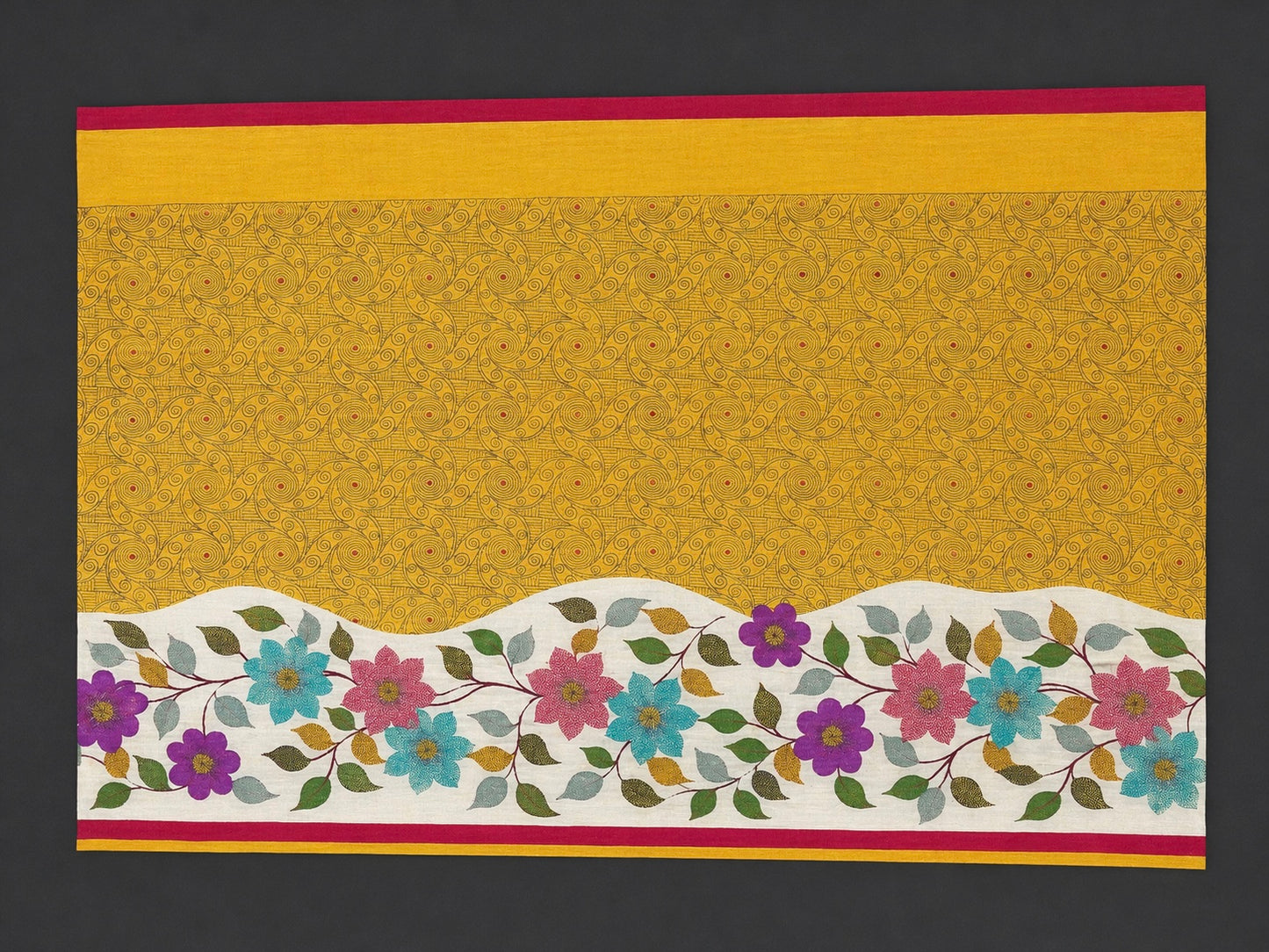 Megharang: Yellow Block Print Kantha Tussar Silk Saree