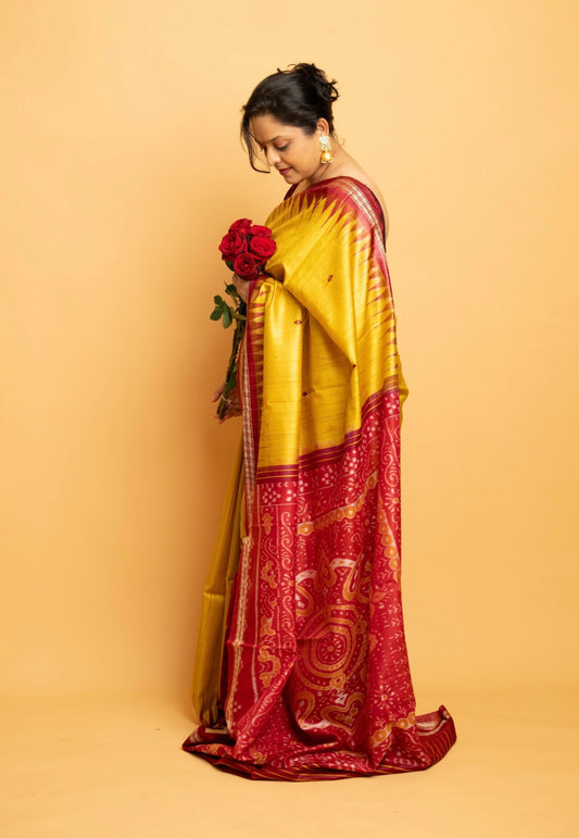 Aruni: Yellow Sambalpuri Ikkat  Tussar Silk Saree