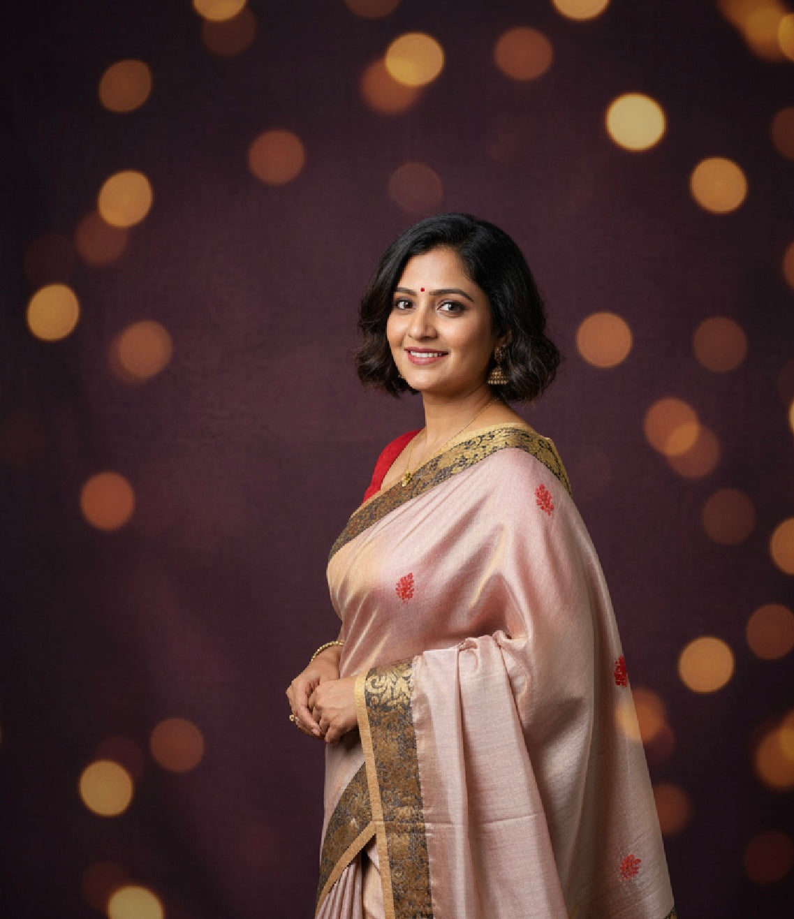 Rosaline: Blush Pink tissue saree with Baluchari pallu