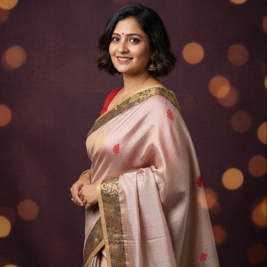 Rosaline: Blush Pink tissue saree with Baluchari pallu