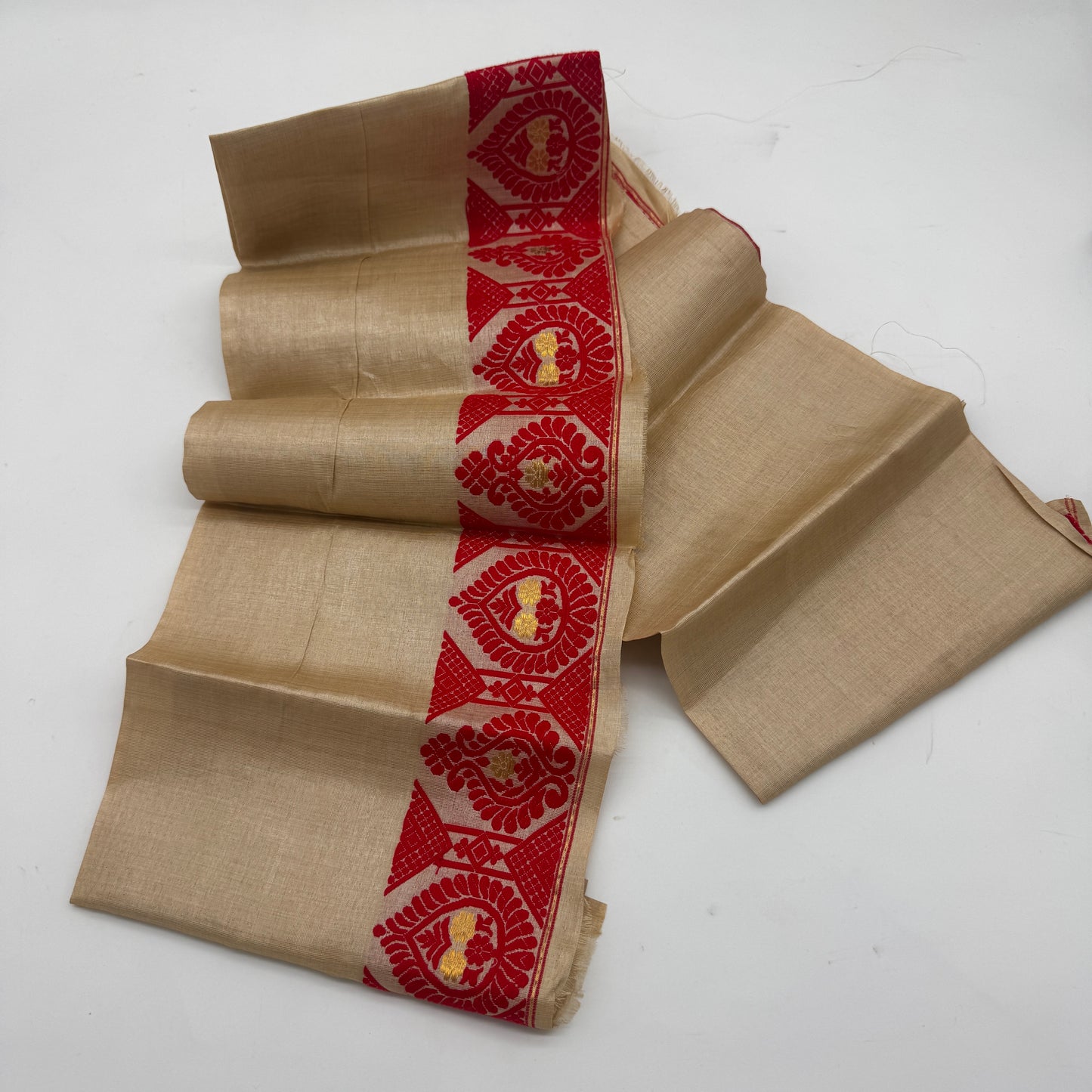 Urmi: Assam Tussar Silk Saree with Red & Gold Motifs