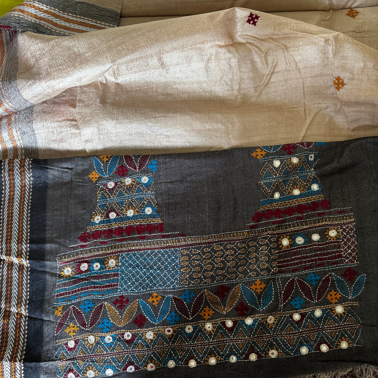 Geet: Beige Embroidered Tussar Saree with Lambani Embroidery