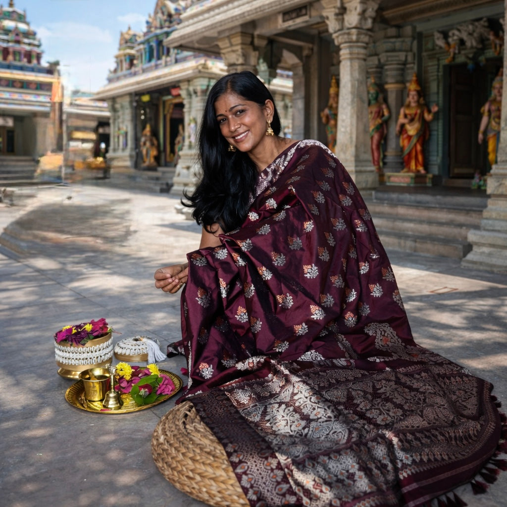 Archita: Maroon Paat-Silk Saree with Silver Zari