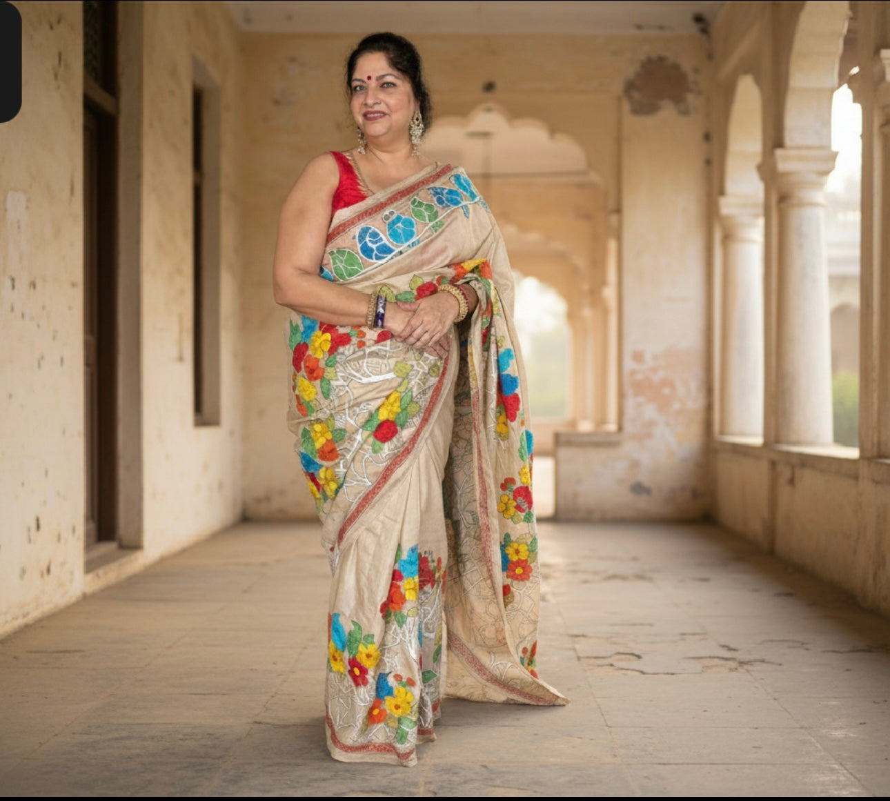 Vasudha: Beige Tussar Silk Kantha Saree