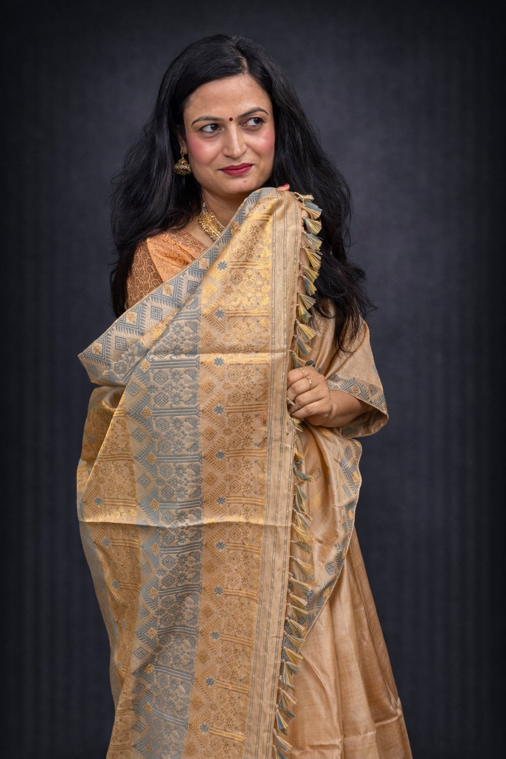 Kora: Beige & Grey Handwoven Assam Tussar Silk Saree