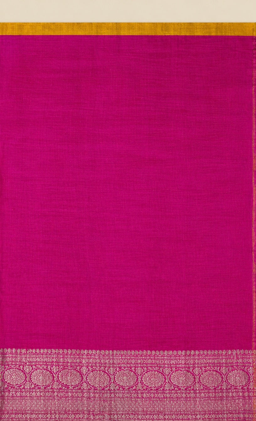 Sunehra: Yellow Handwoven Silk Saree with Pink Contrast Blouse.
