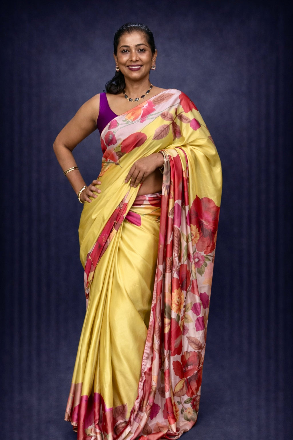 Wild Rose: Yellow Floral Satin Saree