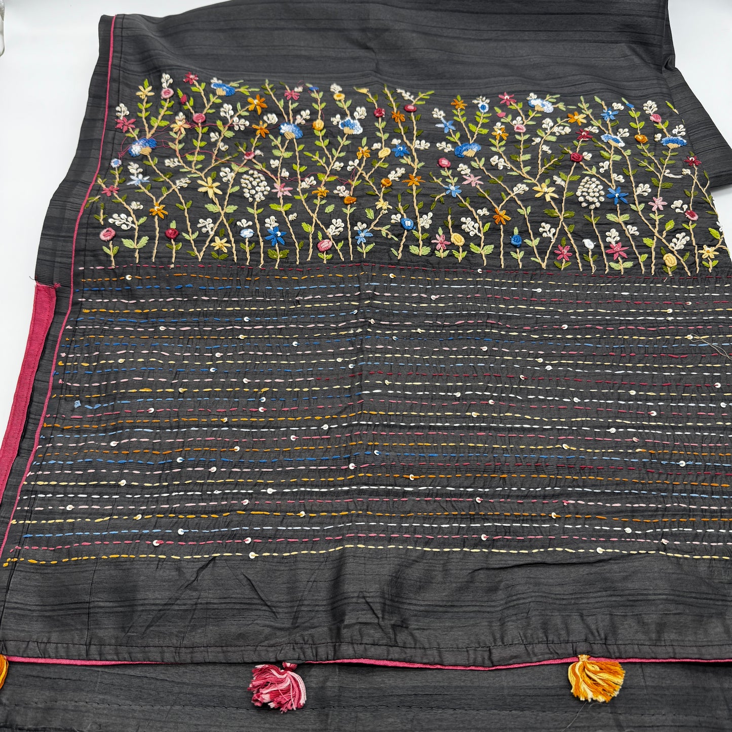 Koyel: Grey Semi-Tussar Embroidered Saree