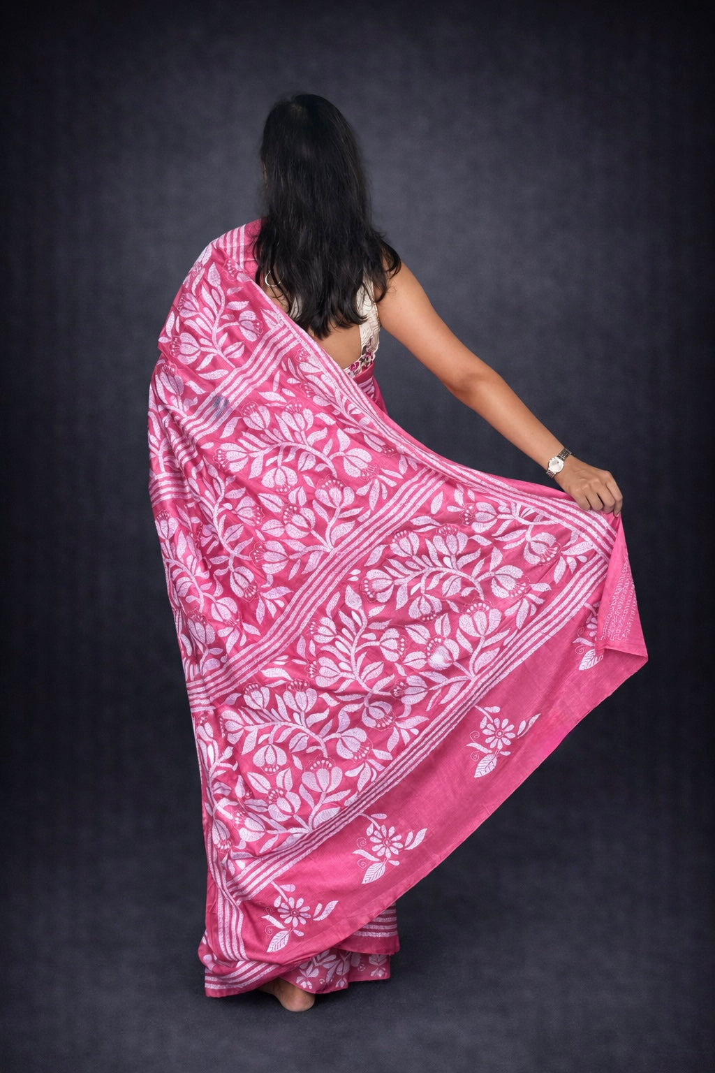 Unwritten Poetry: Pink Kantha-Embroidered Semi-Silk Saree