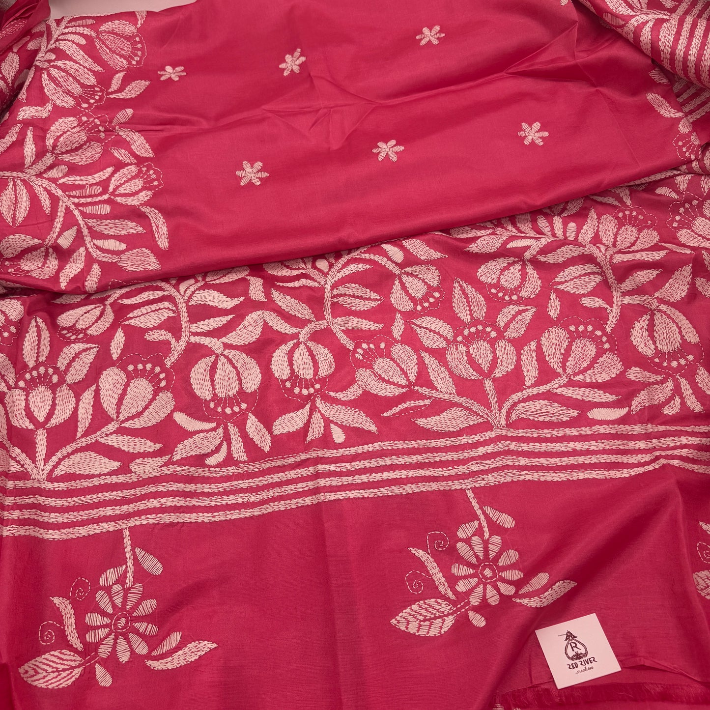 Unwritten Poetry: Pink Kantha-Embroidered Semi-Silk Saree
