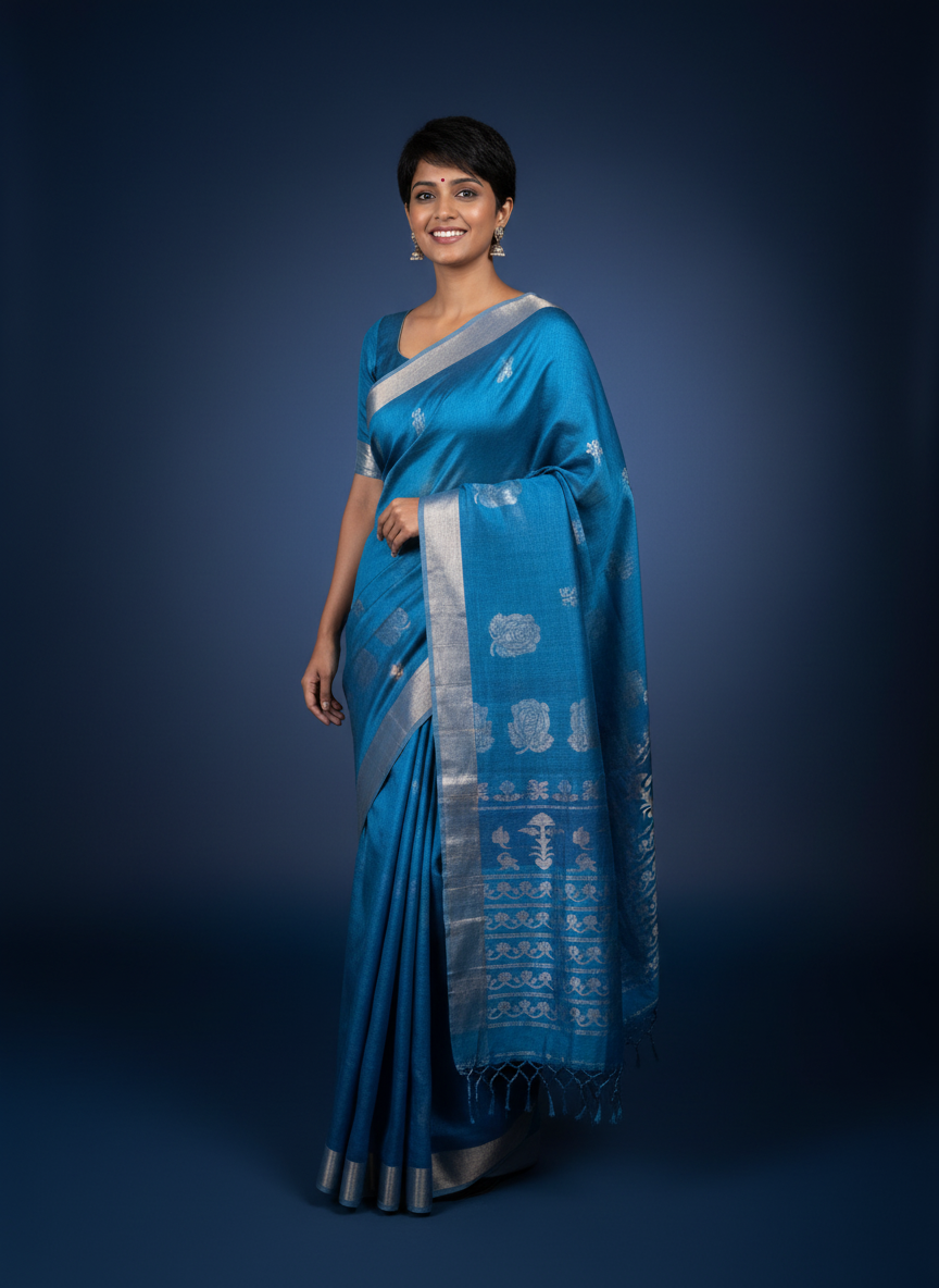 Silversky: Blue and Silver Jamdani Saree