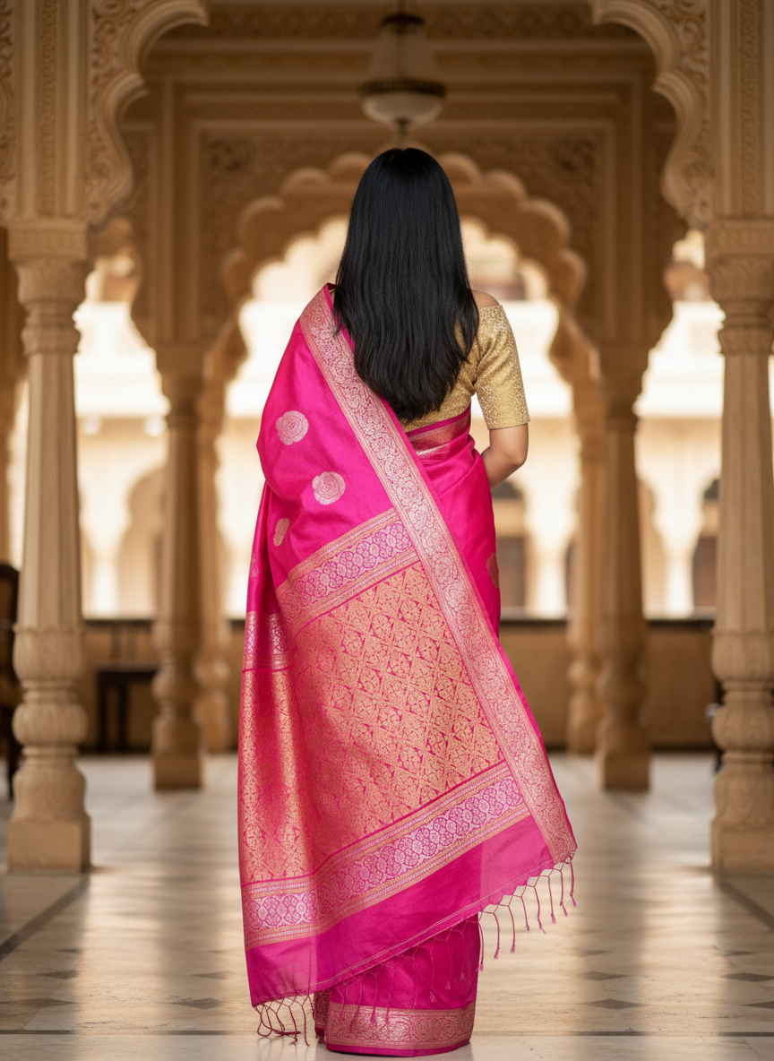 Hot Pink: Pink Tissue Silk Saree