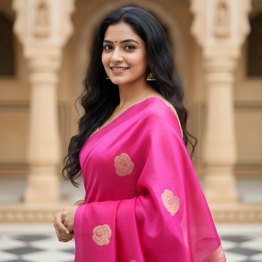 Hot Pink: Pink Tissue Silk Saree