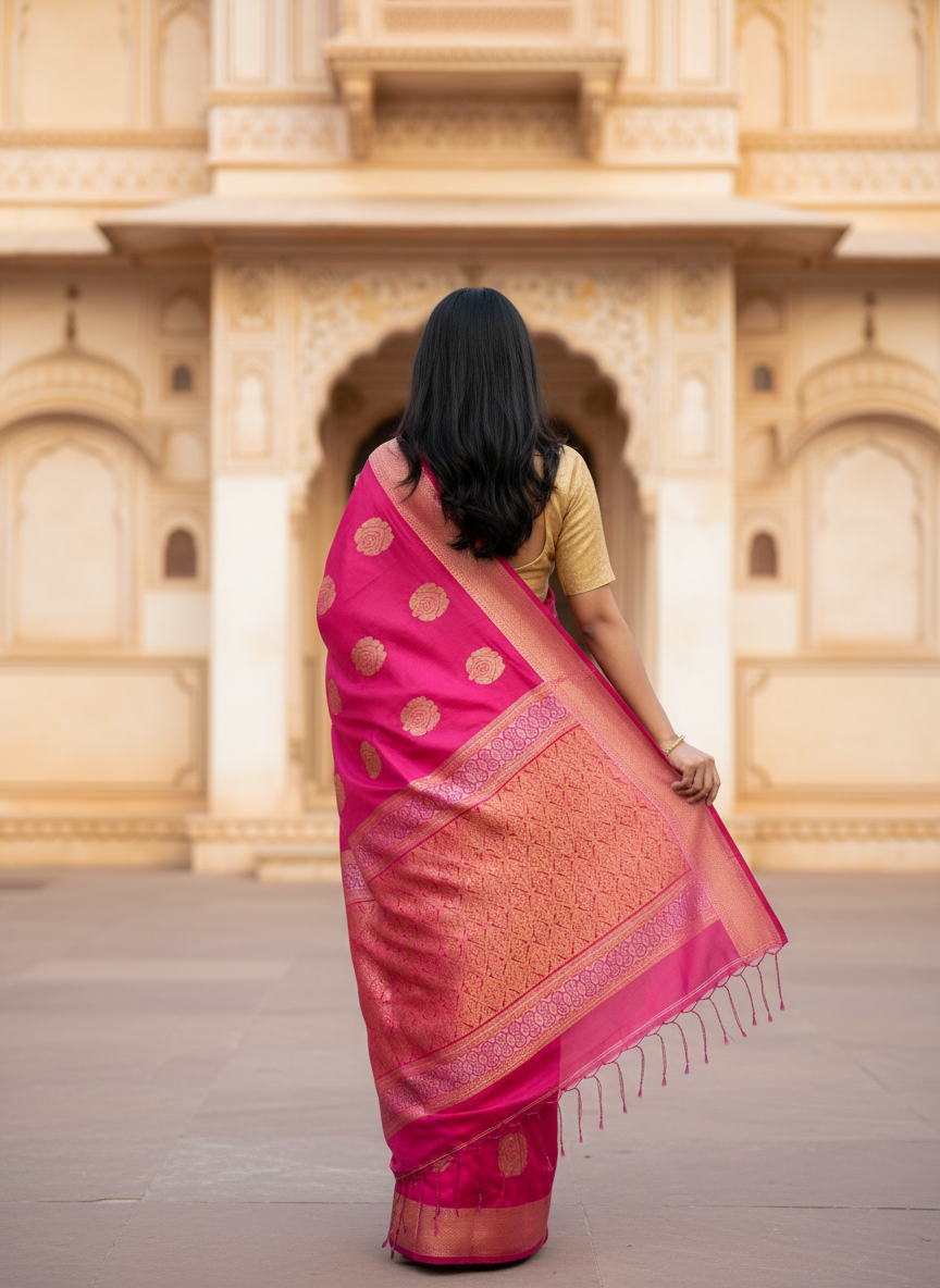 Hot Pink: Pink Tissue Silk Saree