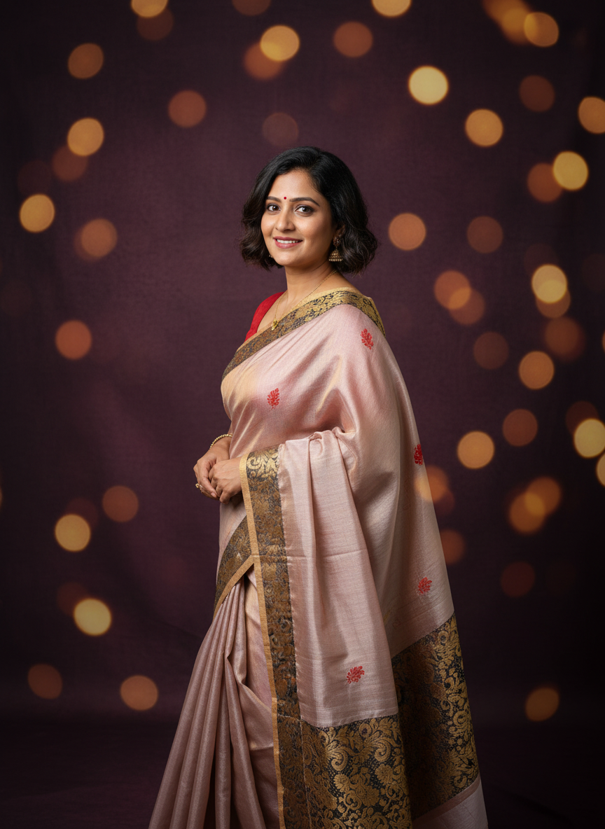 Rosaline: Blush Pink tissue saree with Baluchari pallu
