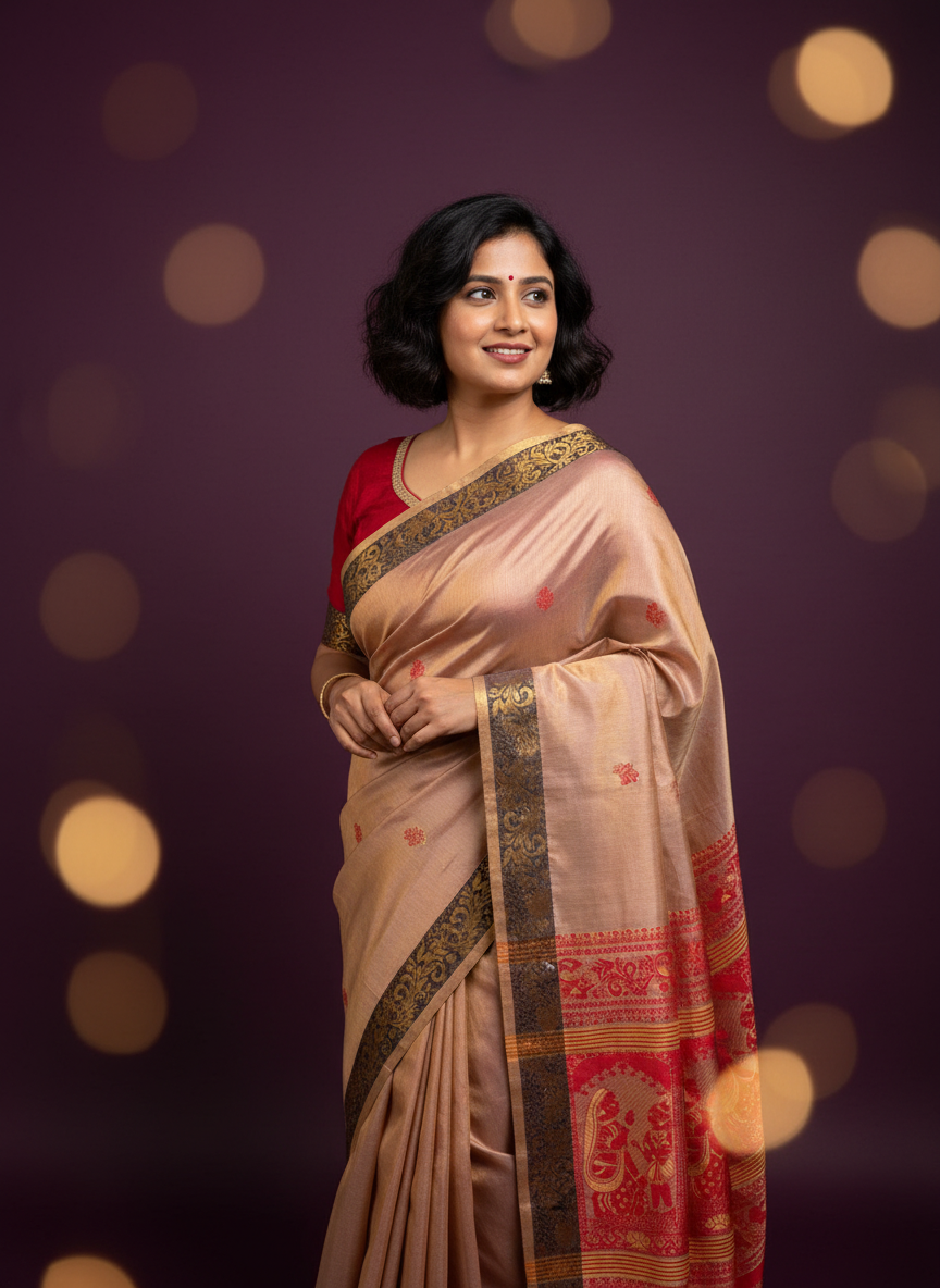 Rosaline: Blush Pink tissue saree with Baluchari pallu