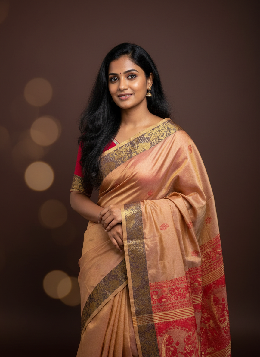 Sandalwood-Gold Tissue Silk with Baluchari Pallu