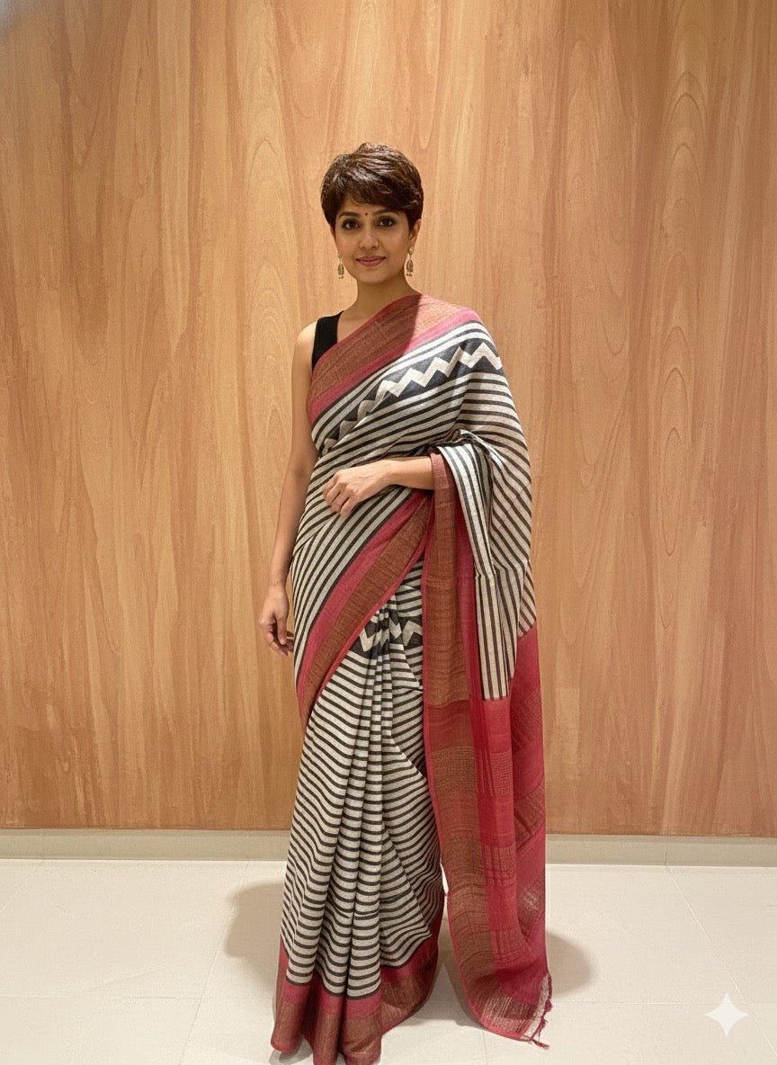 Raag Rekha: Black and White Striped Tussar Silk Saree