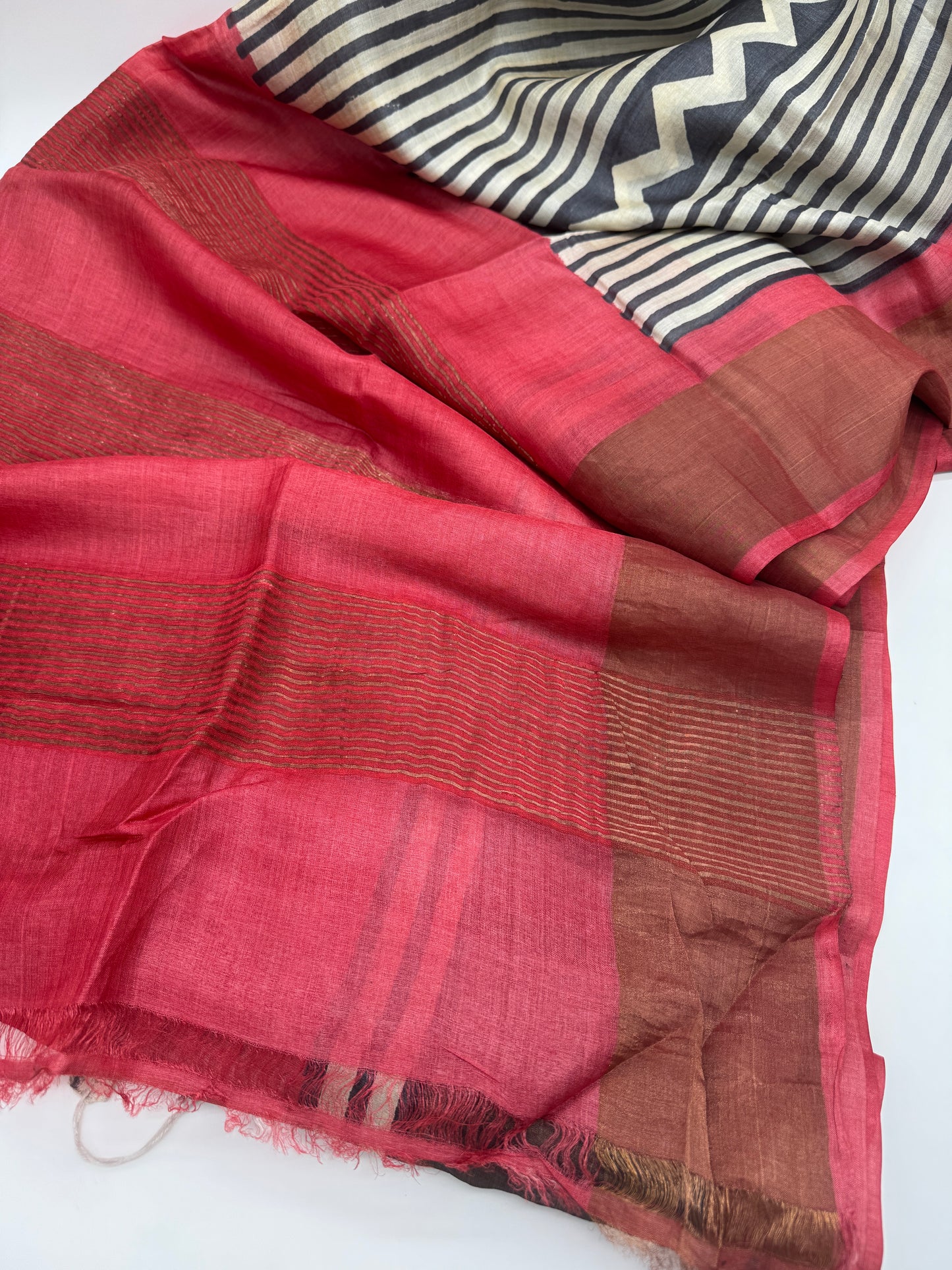 Raag Rekha: Black and White Striped Tussar Silk Saree