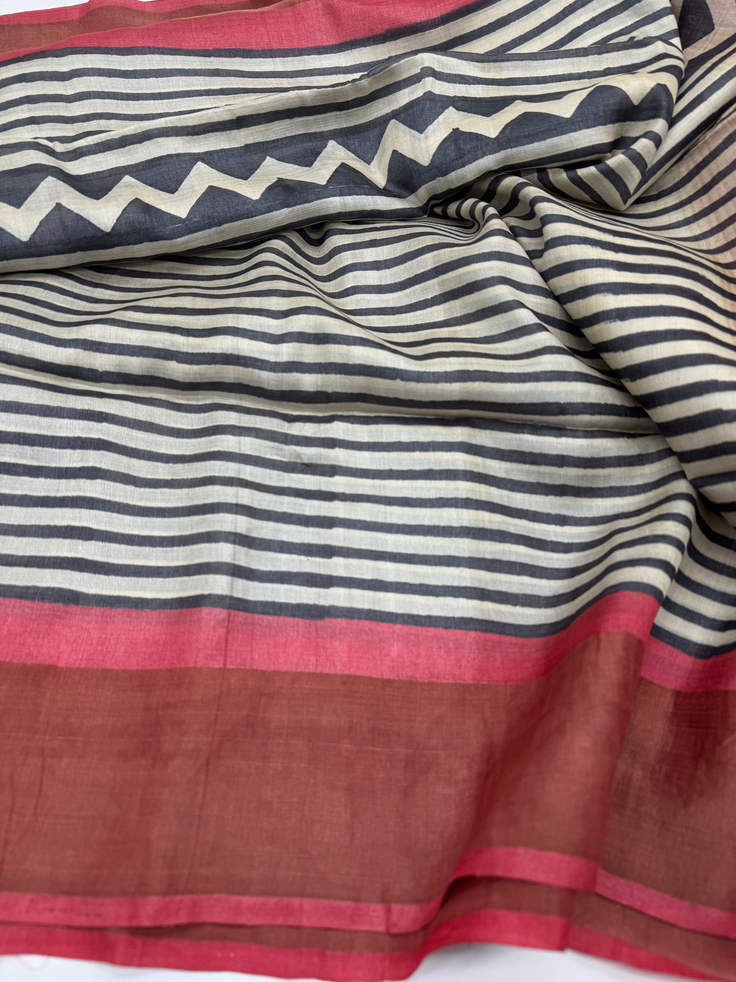 Raag Rekha: Black and White Striped Tussar Silk Saree