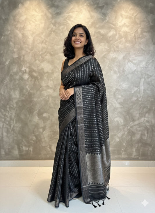 Manjari: Black Semi-Silk Saree with Silver Zari